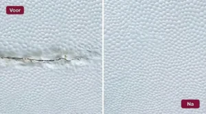 Ampia panoramica di danni alle pareti di caravan o camper prima e dopo la riparazione